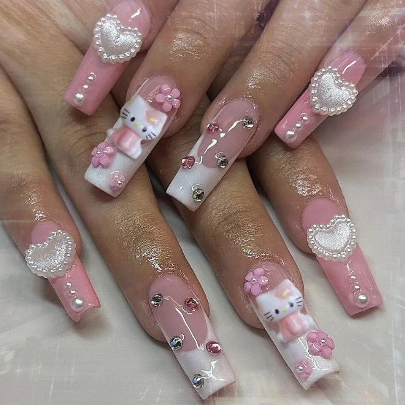Sanrio Hello Kitty накладные ногти мультфильм аниме милый KT Cat Love цветок пресс на ногтях