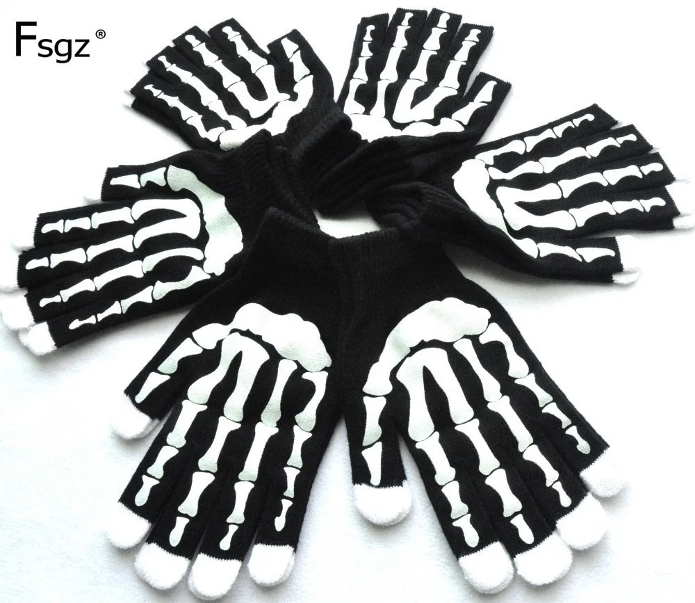 

Winter Gloves for Men Soft Knitted Skeleton Hands Print Pattern Glove Hip Pop Young Men Warm Thicken Gloves Good Quality 2020