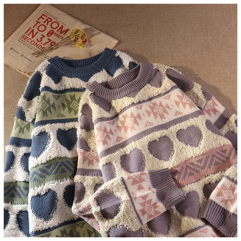 Women's Sweet Sweater Knitwear Autumn Winter O Neck Loose Retro Pullover Long Sleeve Casual Love Embroidery Fashion Pullover