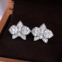 new trendy silver plated flower leaf stud earrings for women shine white cz stone full paved fashion jewelry party gift earring