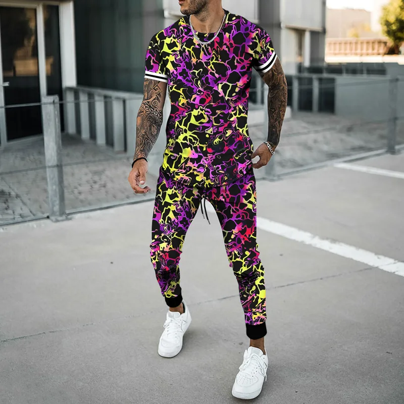 Men's Sets Summer 3D-Printed Graffiti Short Sleeve Shirt Trousers Suit Male Breathable Activewear Splatter T-shirt Pants Sets