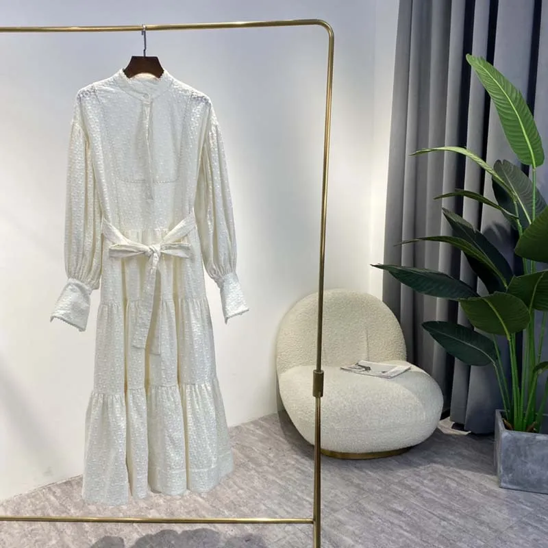 

100% Cotton Top Quality Vintage Solid White Embroidery Ankle-Length Lantern Sleeve Bow Loose A-LINE Dress Women