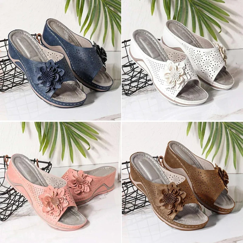 Suede Zapatos Mujer Soft Footbed Orthopedic Arch-Support Sandals Women Flower Hollow Summer Beach Shoes босоножки женские Heels