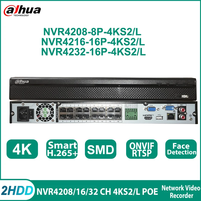 

Dahua NVR4208-8P-4KS2/L NVR4216-16P-4KS2/L NVR4232-16P-4KS2/L 8/16/32CH POE 1U 2HDDs 4K&H.265+ RSTP ONVIF Network Video Recorder