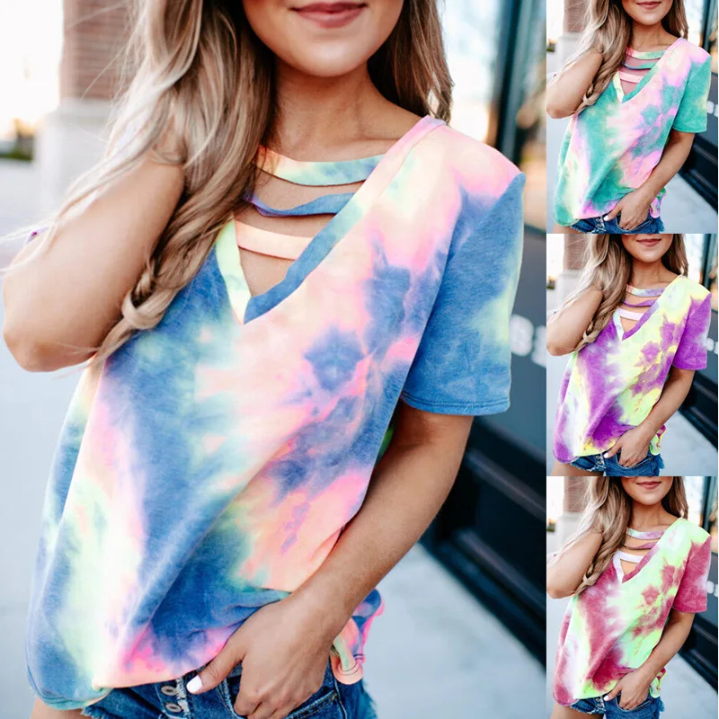 

2023 Summer New Women's V-neck T-shirt Tie-dye Print Loose Fashion Casual All-match Top Female and Lady Tops