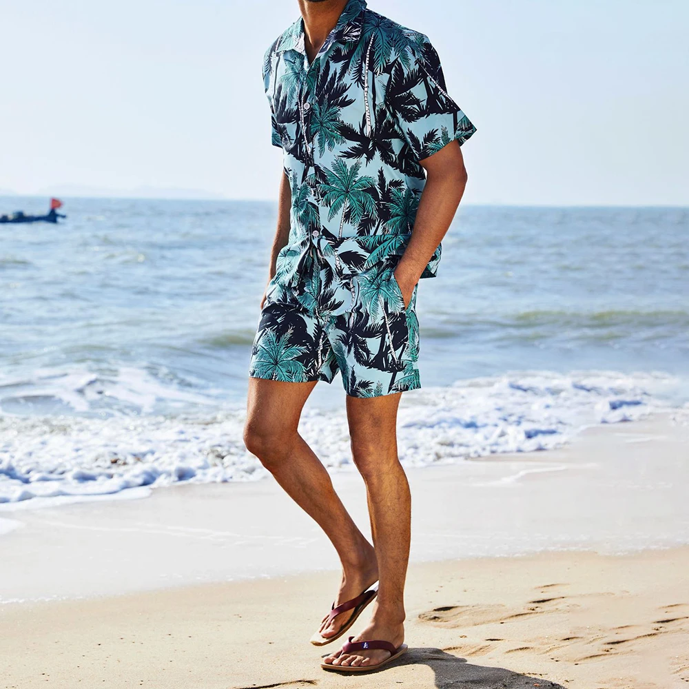 Men's Beach Vacation Casual Short-sleeved Shorts Suit Coconut Tree Print Hawaiian Lapel Floral Shirt Two-piece Set Summer