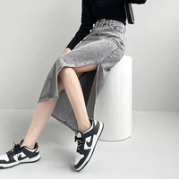 vintage side split jeans skirts women korean fashion high waist long skirts female pocket hit color denim skirts gray