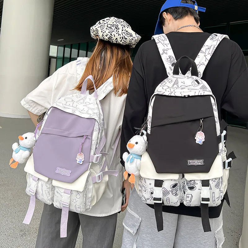 

TRAVEASY School Bag High School Student College Student Campus Women's Simple Men's Backpack Graffiti Contrast Travel Backpacks