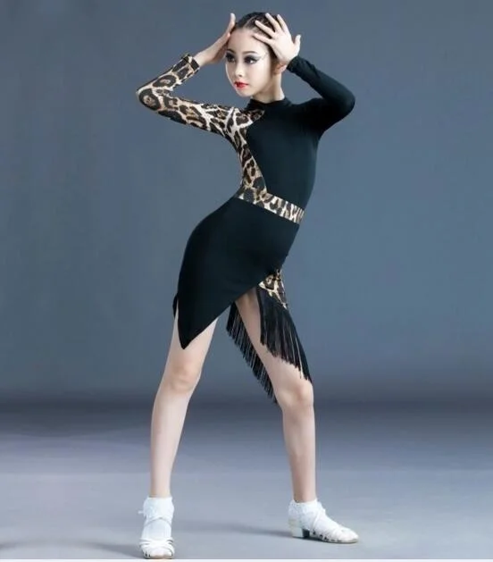 

Girls Dance Costumes Dancer Dress Latin Cha Tassel Skirt Long Sleeve Leopard Print Patchwork Top dancing costumes