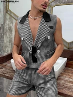 incerun 2022 american style mens sets plaid suit collar double breasted short sleeveless tops shorts casual suit 2 pieces s 5xl