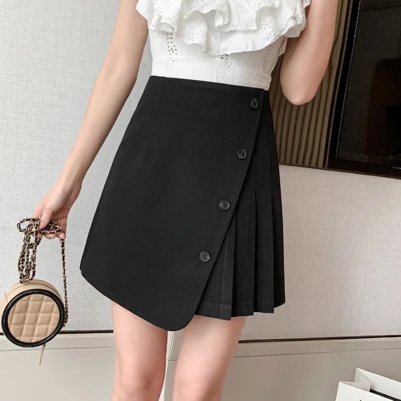 

2023 Summer Casual Gray Short Mini Skirt Women High Waist Pleated Chic Front Buttons Asymmetric Skirts Female Elegant Streetwear