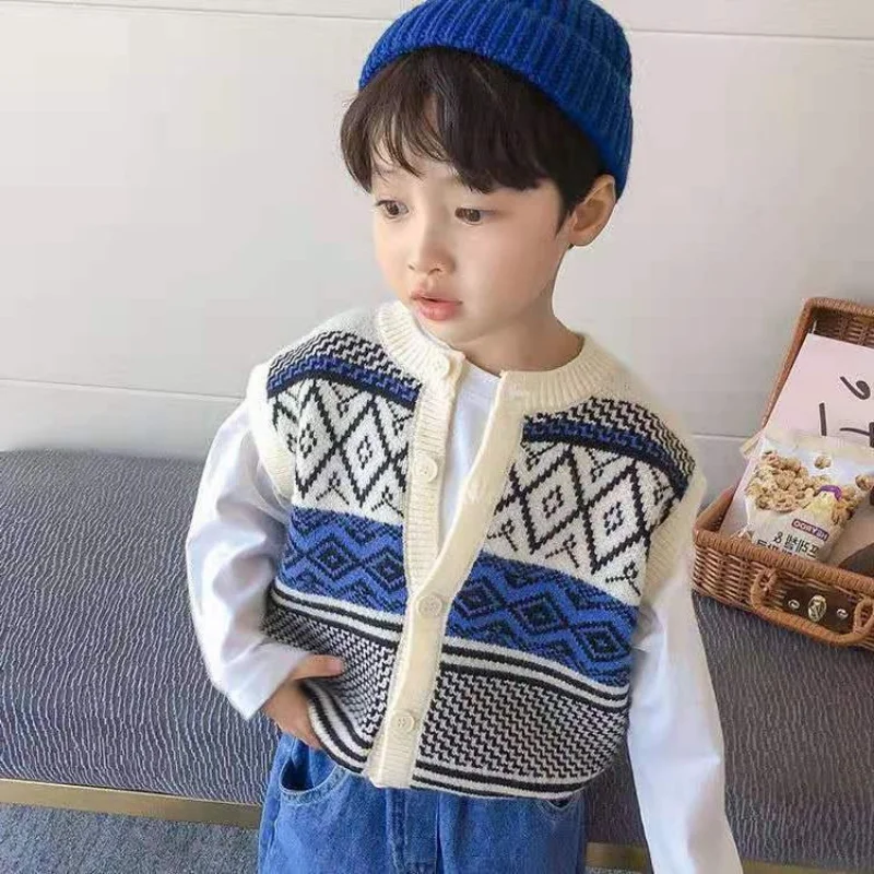 

Boy Sleeveless Sweaters Kids Boys O-Neck Pullover Knitting Vest Coat 1-10Y Children Single-breasted Vests Sweaters Cotton Vest