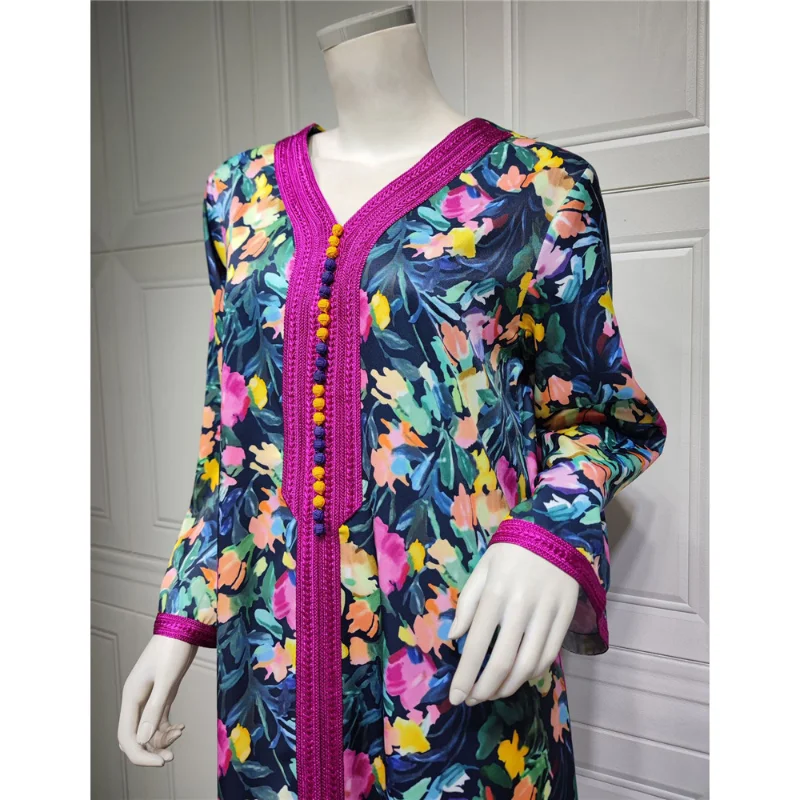 Fashion Floral Print Muslim Hijab Dress Women Dubai Abaya Arab Turkey Moroccon Kaftan Islam Clothing Gown Jilbab Caftan Festival