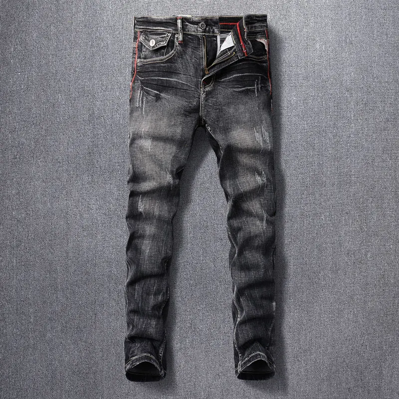 

Italian Style Fashion Men Jeans Retro Black Gray Elastic Slim Fit Ripped Jeans Men Trousers Vintage Designer Denim Pants Hombre