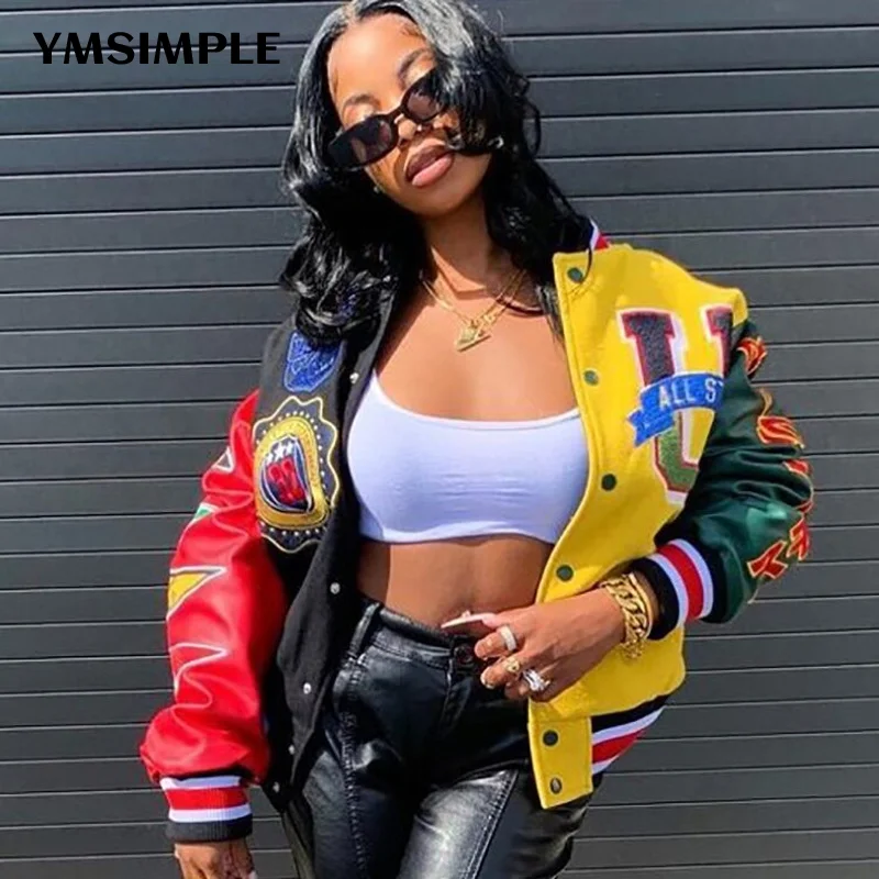 

Женская Весенняя куртка-бомбер с буквенным принтом, однобортная куртка-бомбер в стиле пэчворк, Повседневная Уличная одежда, Y2K, 2022