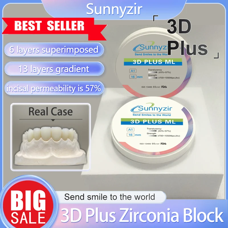 Sunnyzir High Strength Esthetic 3D Pro Multilayer 98mm Dental Zirconia Block For CAD CAM Dental Lab Disc