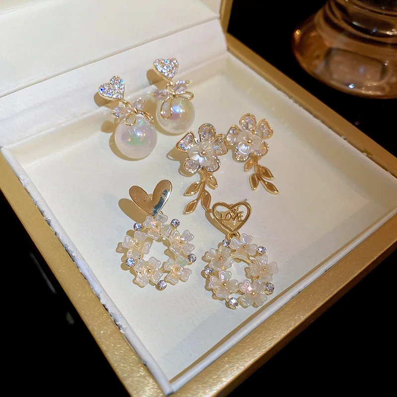 

Korean New Trendy Shiny Zirconia Flower Earrings For Women Fashion Jewelry Colorful Pearl Heart Boucles d'oreilles Brincos Party