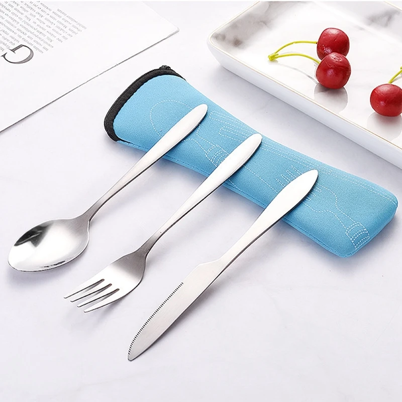 

3Pcs Fork Spoon Portable Kitchen Food Tool Restaurant Travel Dinnerware Set Stainless Steel Tableware Set With Bag