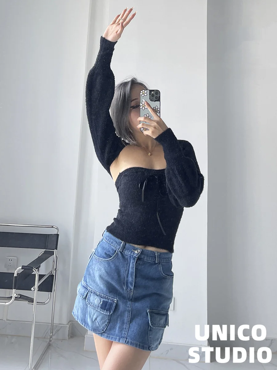 TVVOVVIN 2023 INS женская короткая юбка с открытой шеей из мягкого вощеного меха и шаль