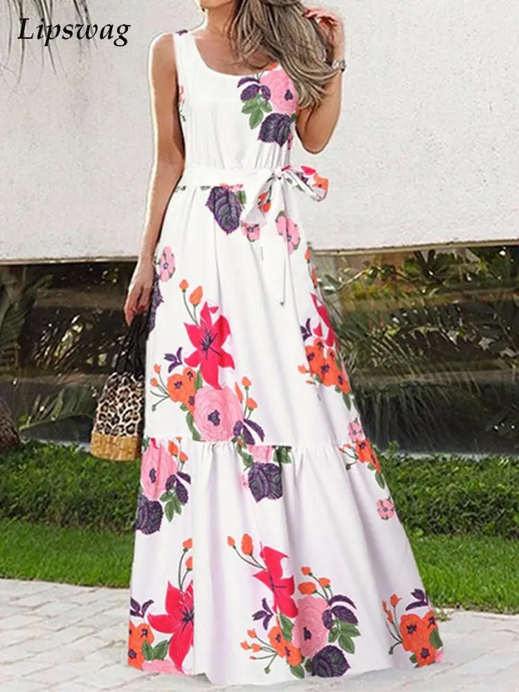

Elegant Floral Print Sleeveless Sling Dress Women Casual Loose Maxi Dress Beach Seaside Female O-Neck Lace-up Waist Long Dress