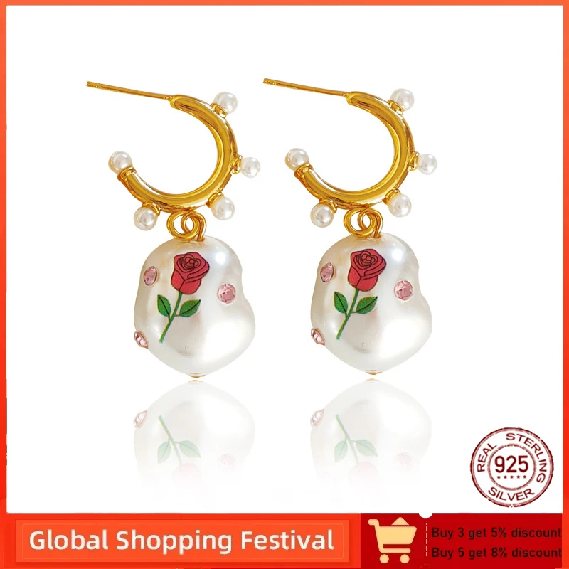 

S925 Silver Needle Women Jewelry Irregular Pearl Earring 2022 New Trend Vintage Flower Drop Earrings for Women Party Gifts