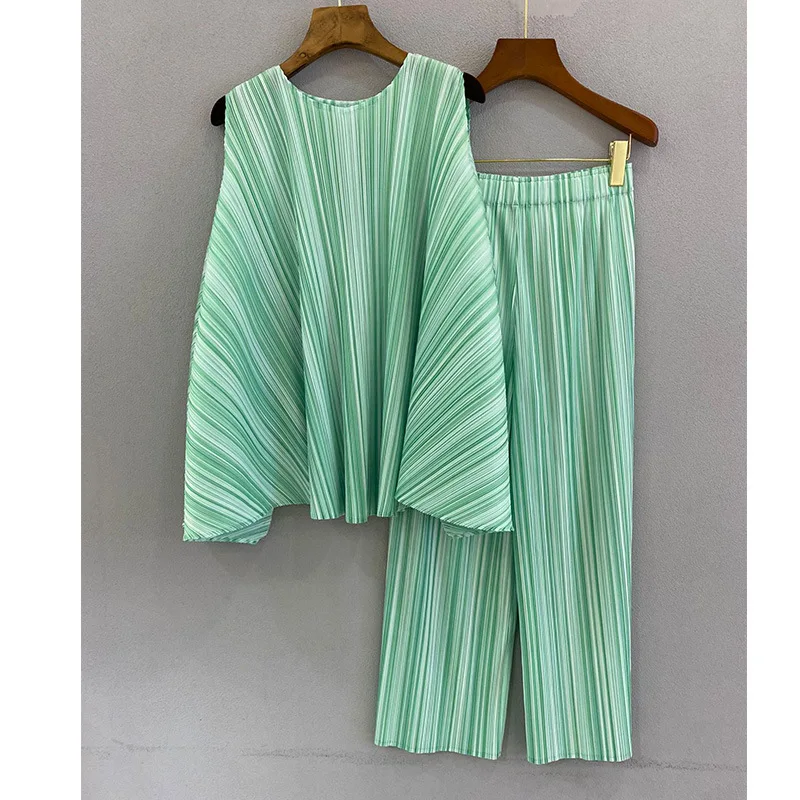 

Women Shirts Pleated Vest Top Striped Straight Wide Leg Pants Two-piece Sleeveless Fashion Suit Casual Loose Thin Woman Clothes