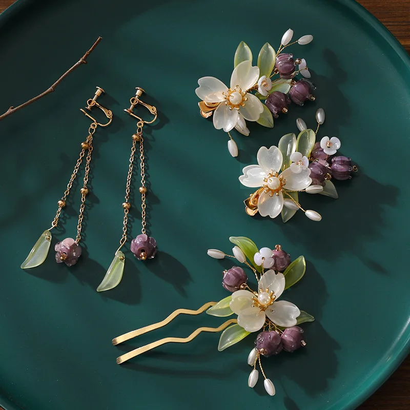 

5pieces sets Chinese Style Pins comb Earrings Set Glass Edge Clip Antique Girl Costume wedding Hair Accessories