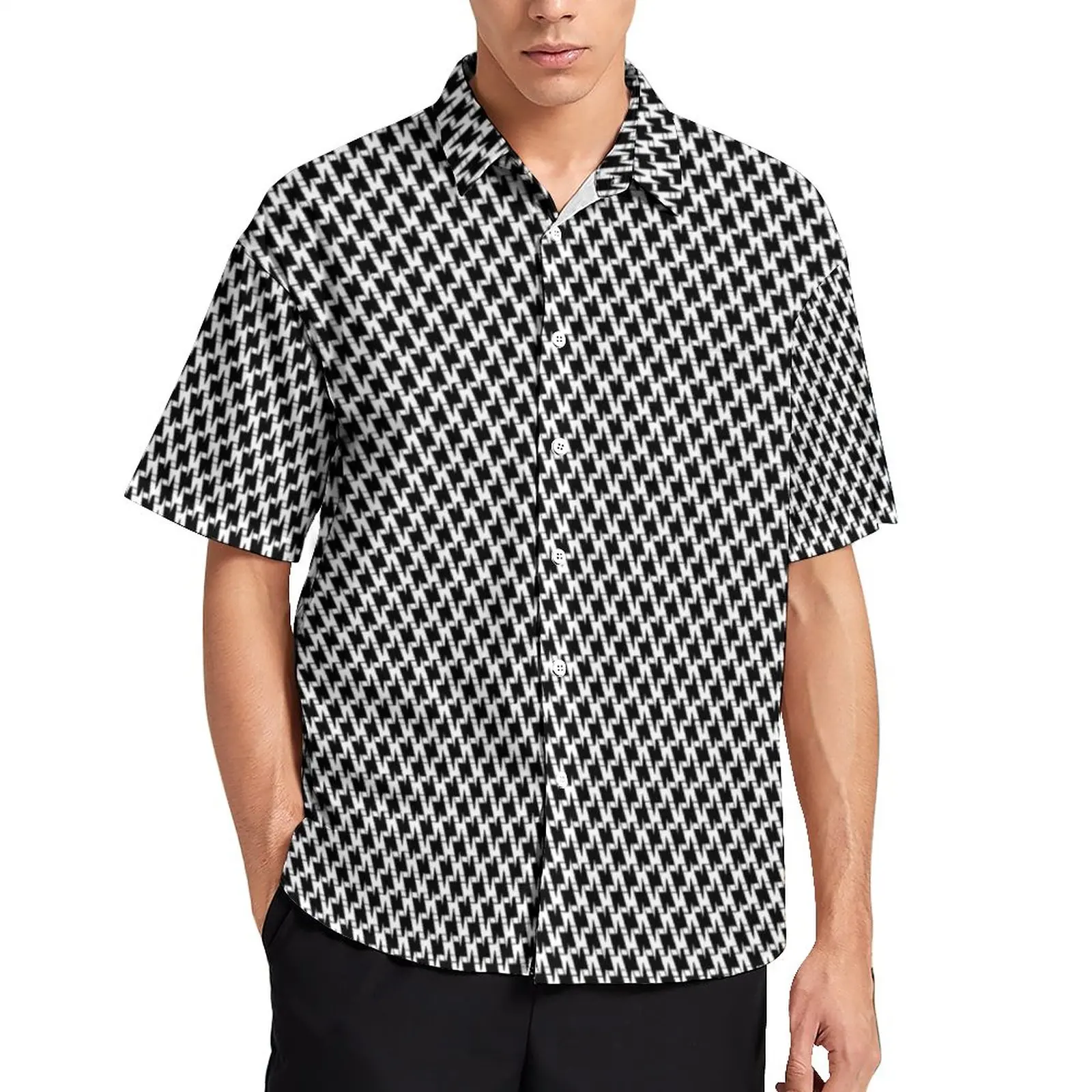 

Lightning Houndstooth Loose Shirt Beach Black Bolts Print Casual Shirts Hawaiian Graphic Short Sleeves Novelty Oversize Blouses