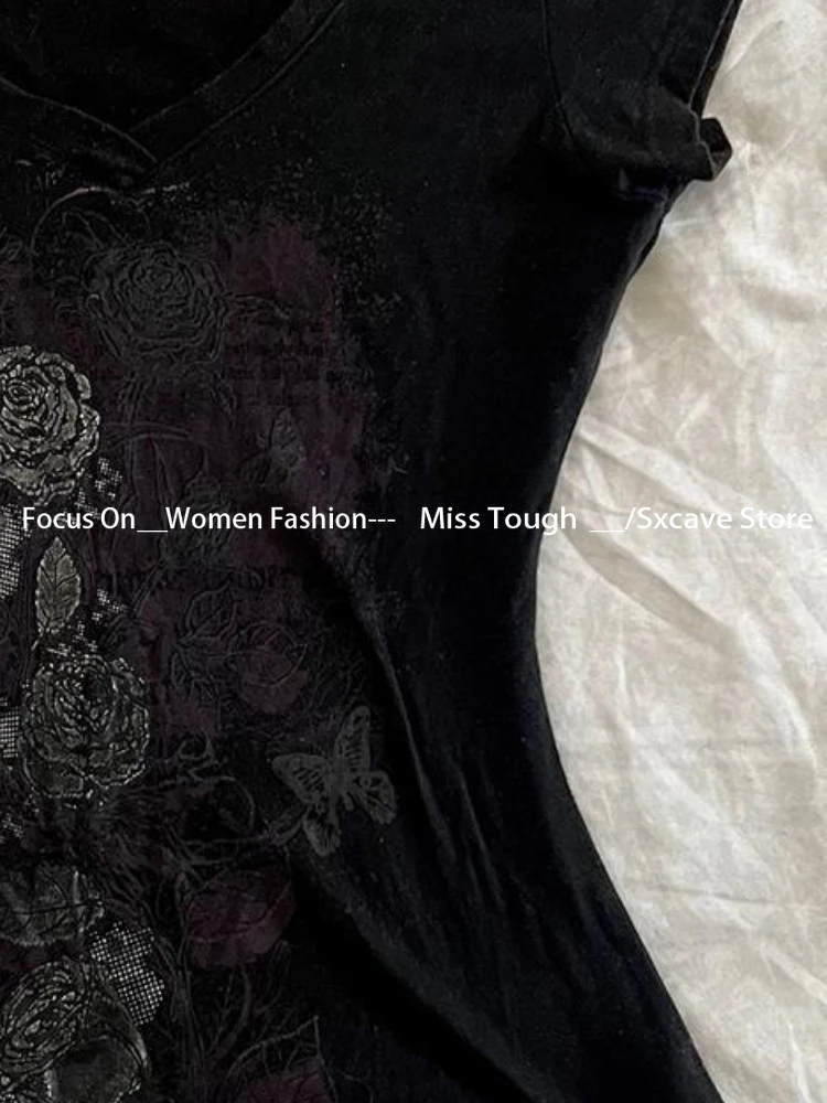 Винтажные тонкие повседневные Черные футболки в стиле Харадзюку Y2k женские