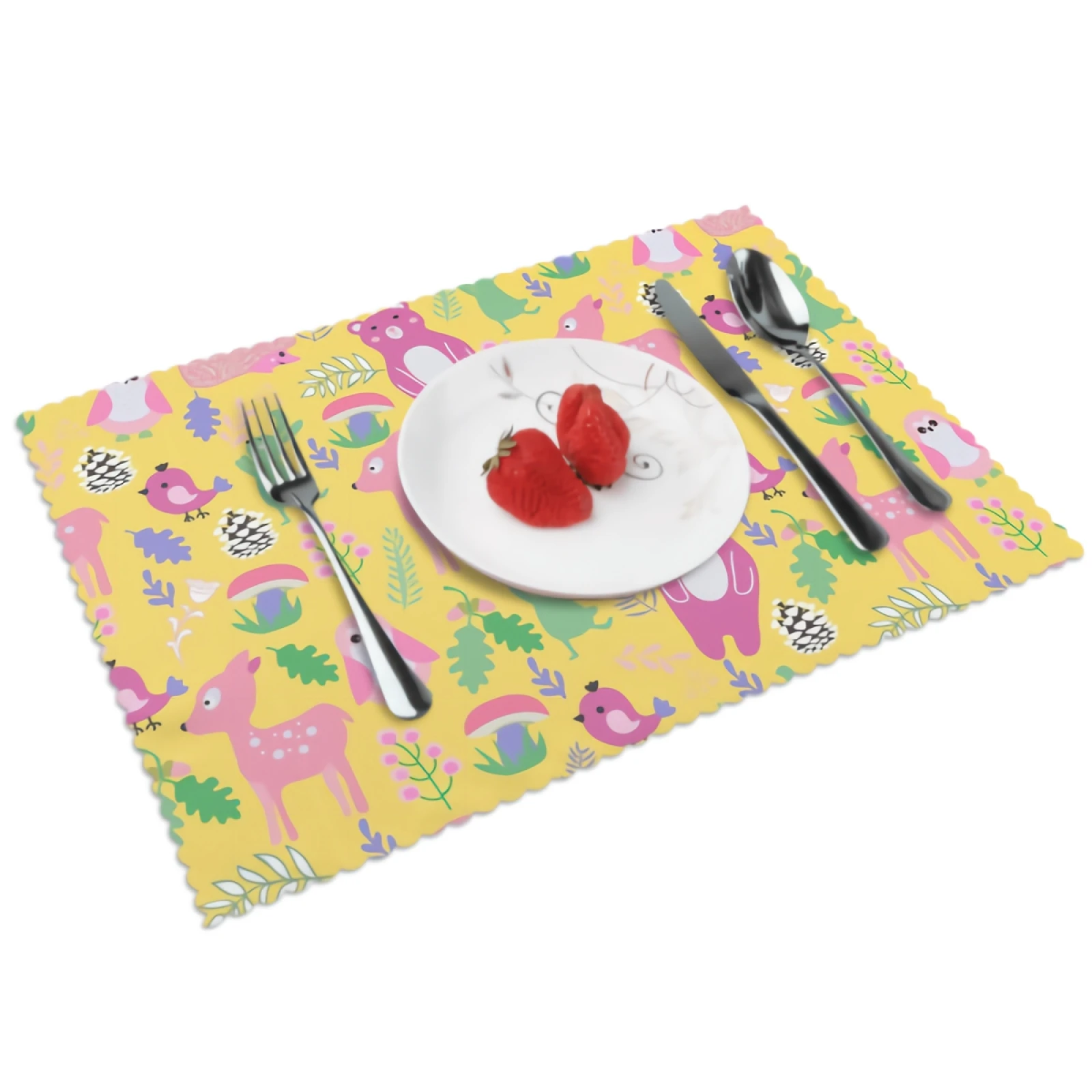 

Cute Cartoon Forest Animals Placemats Small Bear Deer Bird Placemat Set of 4 Heat-Resisting Non Slip Table Mats