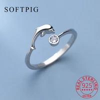 softpig real 925 sterling silver zircon dolphin animal adjustable ring for women party cute fine jewelry minimalist accessories