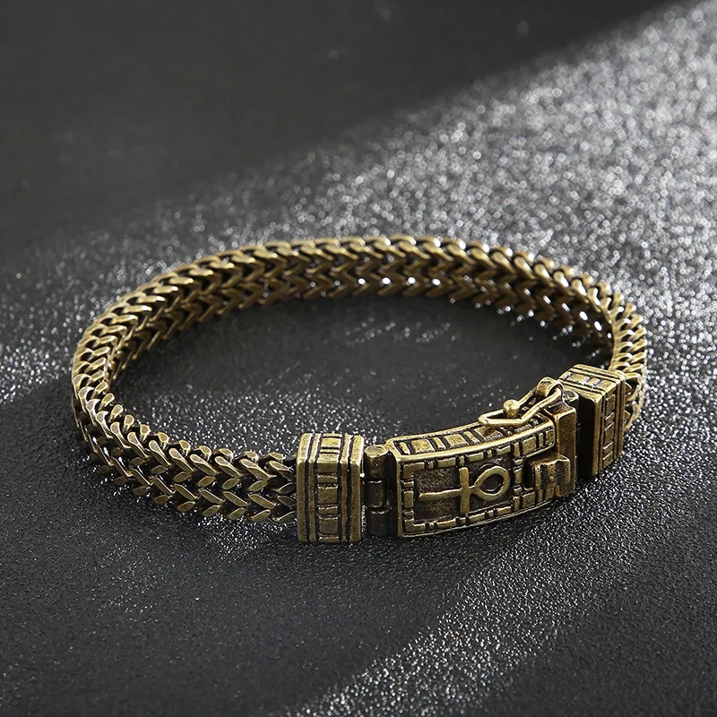 

Punk Vintage Gold Color Men Women Charm Cross Bracelets Bangles Heavy Hiphop Stainless Steel Biker Mesh Bracelet Wrist Jewelry