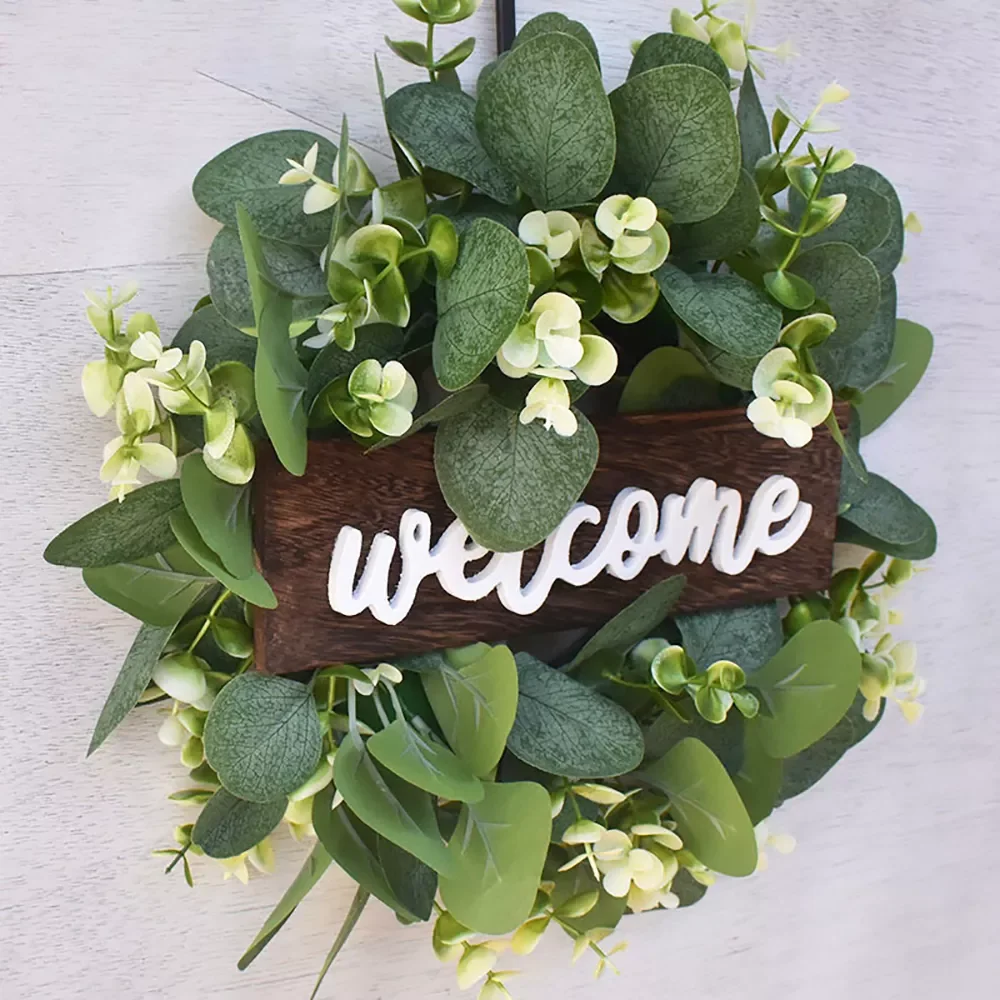 

Farmhouse Porch Outdoor Hanging Decor Rustic Wood Artificial Front Eucalyptus Door With Wreaths Welcome