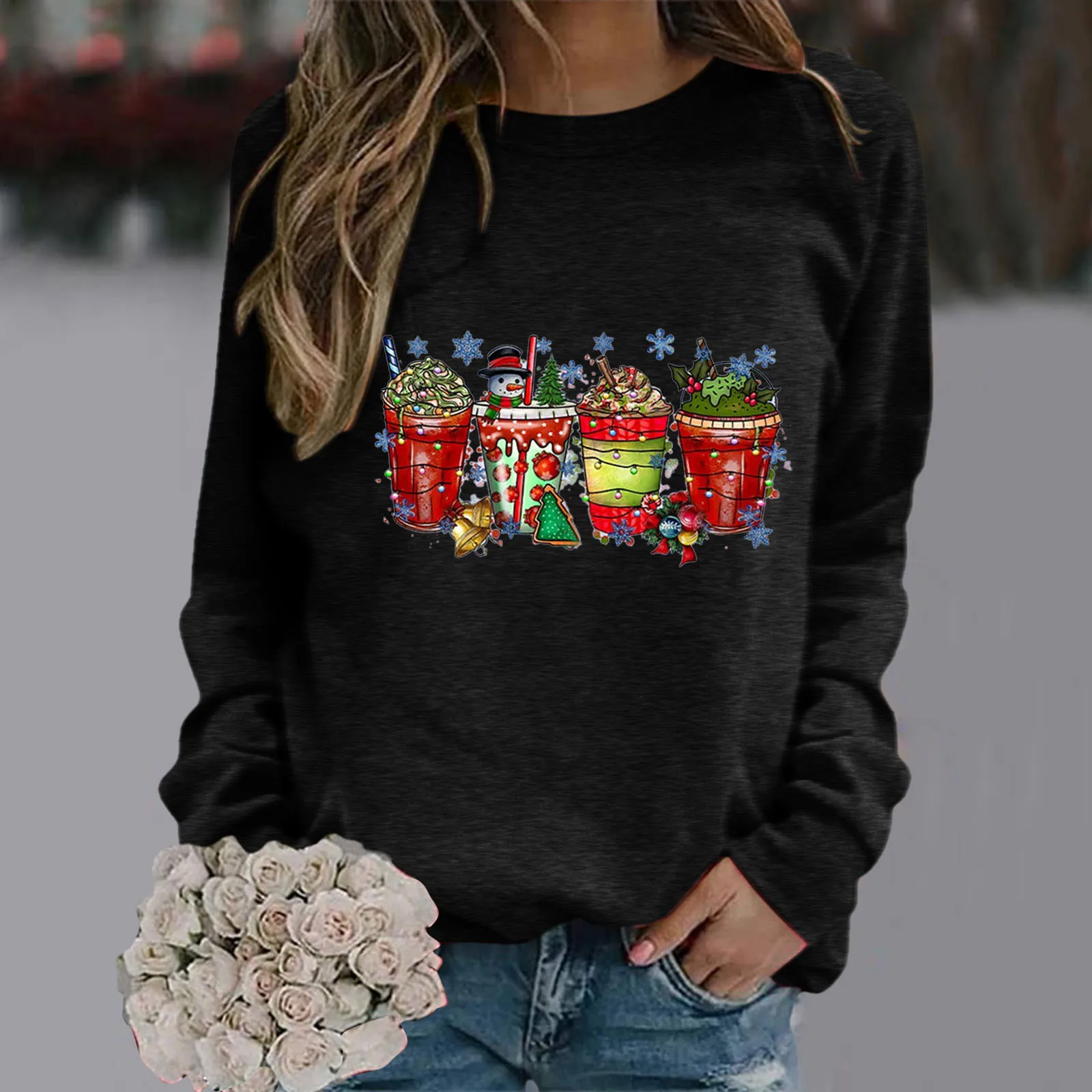

Knit round Womens Cute Print Pattern Casual Loose Solid Color Round Neck Top With Solid Color Long Sleeve Loose Ladies Items