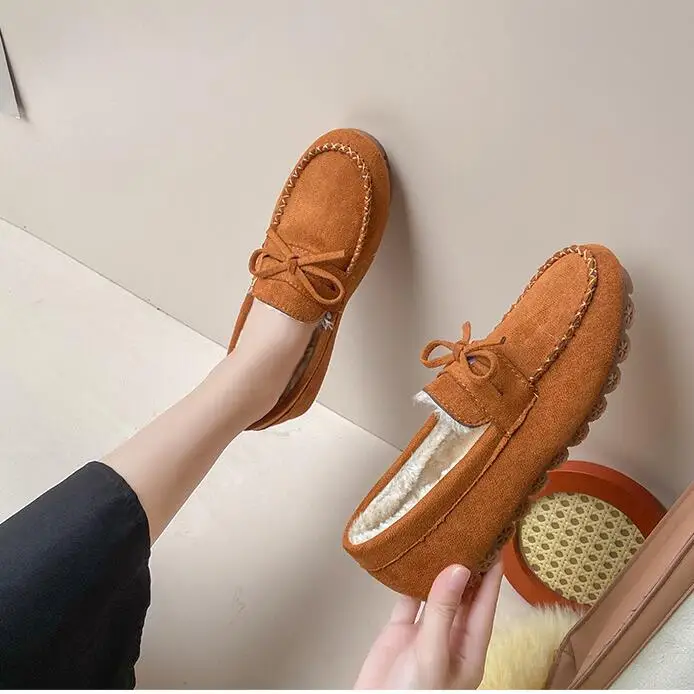 Winter Women Casual Flat Shoes Moccasins Soft Loafers Women's Comfort Warm Plush Bow Slip on Female Cotton Shoes