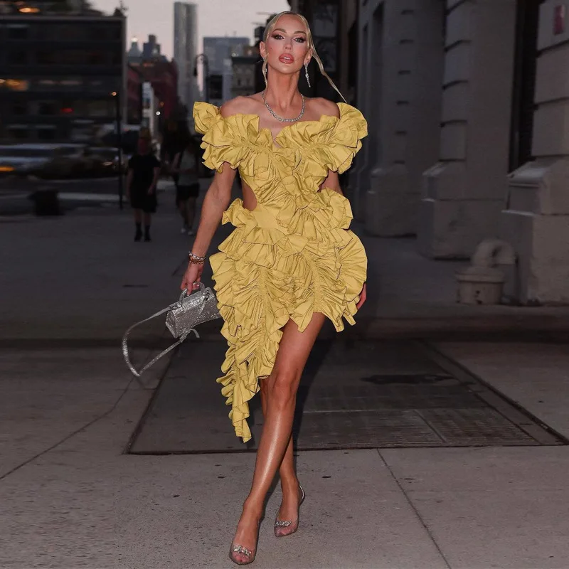 

2023 Women Edible Tree Fungus Tierred High Low Asymmetrical Ball Gown Dress Sexy Club Party Evening High Street Dresses