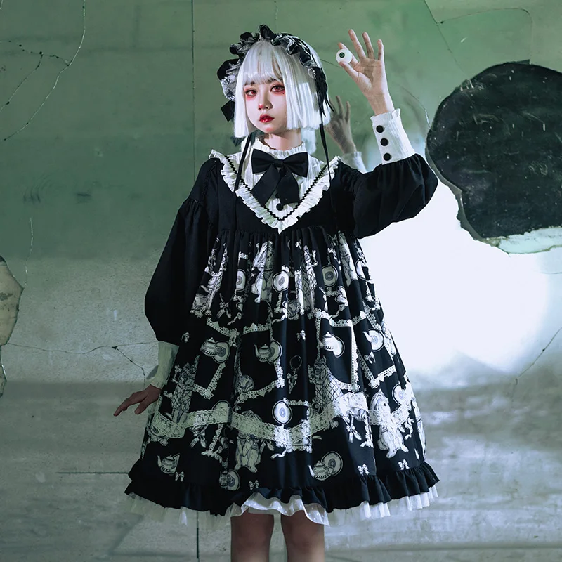 

Gothic Dark Black Lolita Dress Witch Punk Lo Girls Op Dresses Tea Party Funeral Kawaii Black Female Dress Cosplay Loli Cos