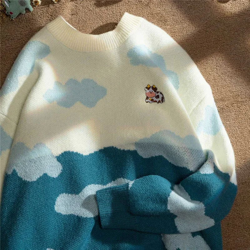 

Женский свитер с вышивкой DUOFAN, милый вязаный Свободный пуловер с круглым вырезом и длинным рукавом, топы для пар, Осень-зима