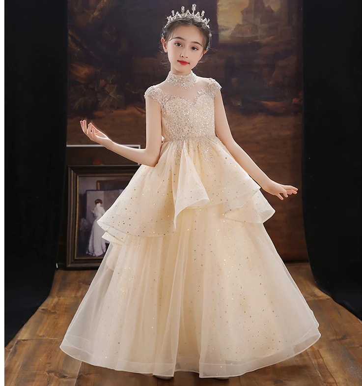 

Beadings Tulle Girl Dress For Wedding Princess Party Formal Ball Gown Kids Champagne Long Evening Flower Girl Prom Dresses Kids