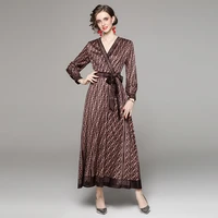 new spring summer coffee print dress for women 2022 fashion v neck long sleeve slim waist loose casual dress ankle length
