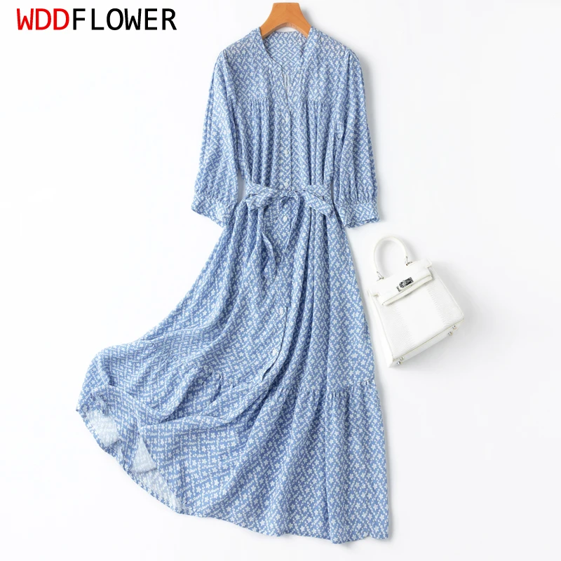 Women Silk Midi Dress 100% Mulbery Silk 16 Momme Blue Floral Printed Ruffles Big Hem V Neck 3/4 Sleeve Long Dress L XL MM956