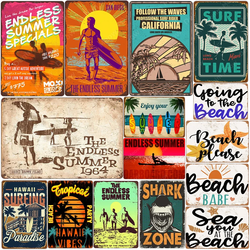 

Surf Time Plaque Metal Vintage Signs Home Wall Art Posters BEACH Party Decorative Plates For Bar Cafe Pub Garage 30x20cm N113