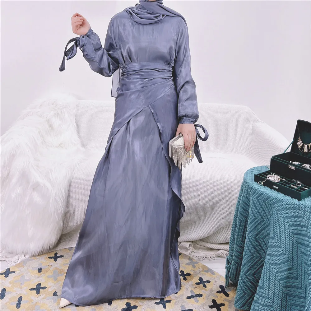 

Muslim Dresses Eid Mubarak Kaftan Dubai Abaya Turkey Satin 2 Pieces Hijab Dress Wrap Islam Clothing Sundress For Women Vestidos
