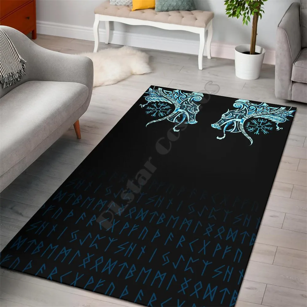 

Viking Style Area Rug Fenrir Raven And Vegvisir Tattoo Cyan 3D Printed Rugs Mat Rugs Anti-slip Large Rug Carpet Home Decoration