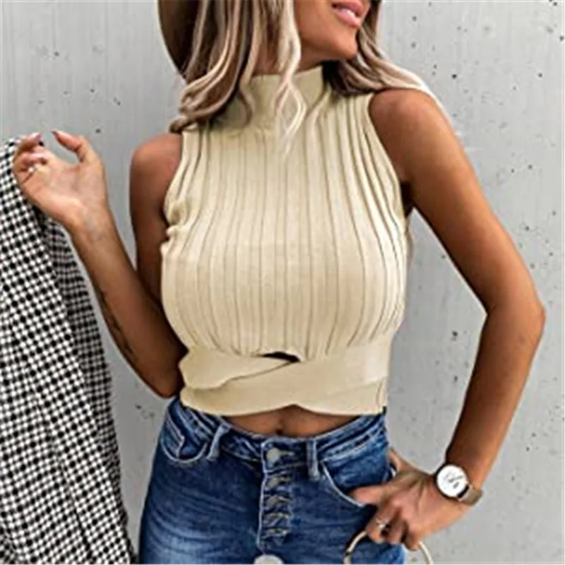 

Женская майка в рубчик Gaono, однотонная Трикотажная майка с высоким воротником и перекрестными бретелями, укороченная майка без рукавов