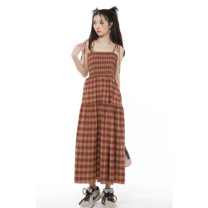 

Женская одежда, шифоновое клетчатое платье на бретельках, приталенная юбка, пикантная летняя французская винтажная юбка средней длины на бретельках без рукавов