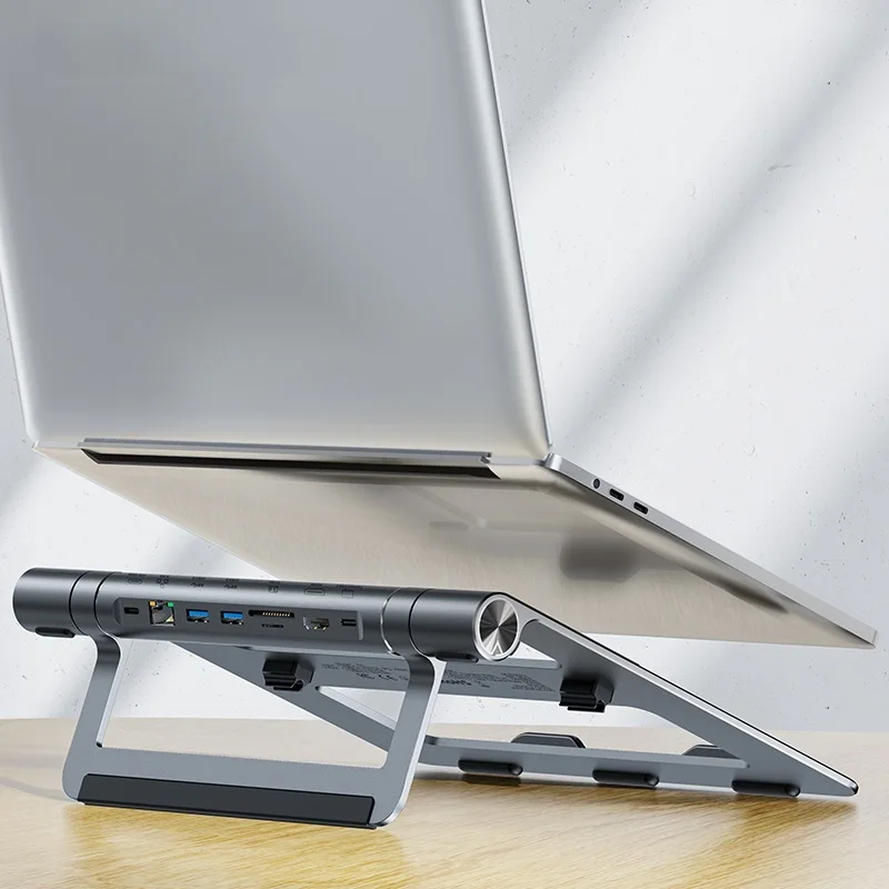 

Новинка 2023-дюймовый алюминиевый держатель для ноутбука 8-в-1 док-станция USB C концентратор 4K HDMI USB3.1 PD LAN SD/TF порты подставка для ноутбука MacBook HP ...