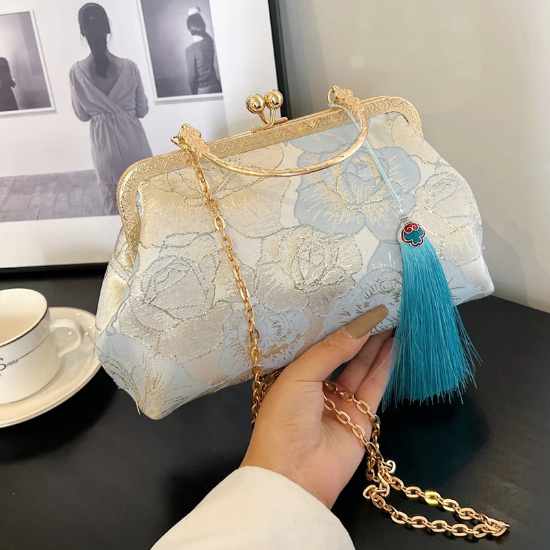 

Luxury Women Tassel Clip Shell Chain Messenger Bags Kisslock Purses And Handbags Evening Clutch Designer Blue Chic Shoulder Bags