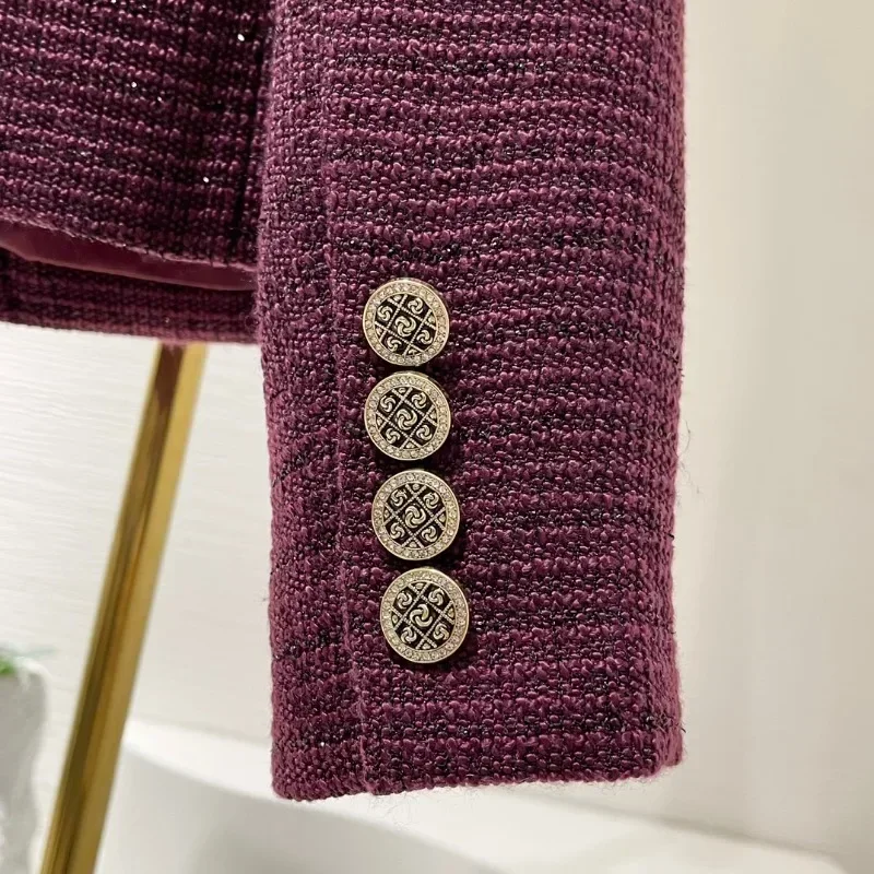 Женская куртка с блестками Bugundy элегантная твидовая круглым вырезом и длинным