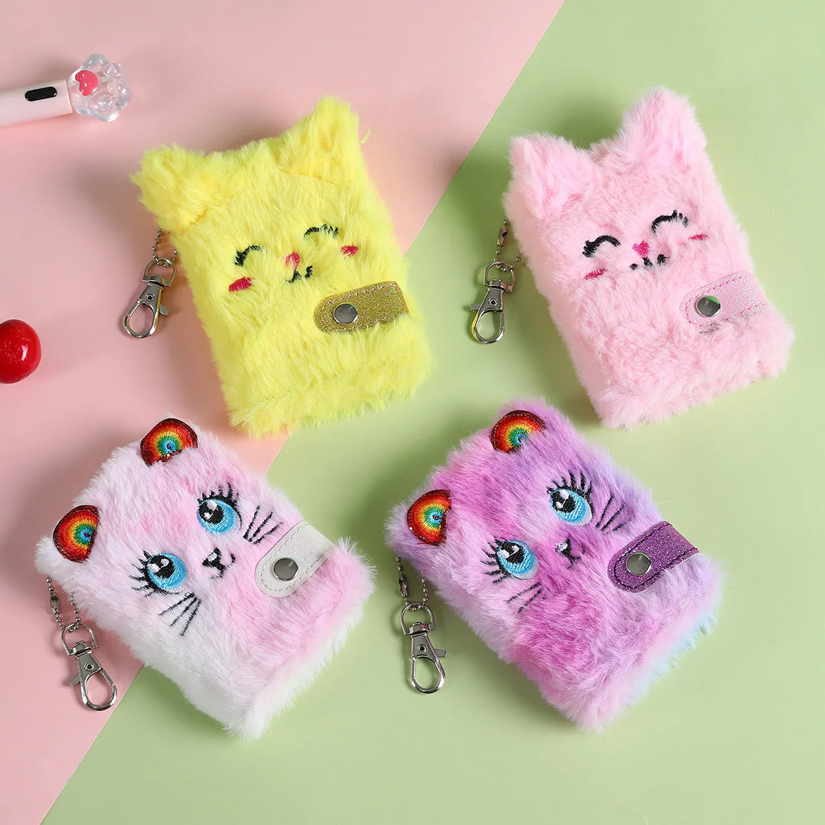 

Cute Cat Plush Notebook For Girls Kawaii Pendant Keychain Furry Cats Notebook Daily Planner Journal Book Note Pad Stationery